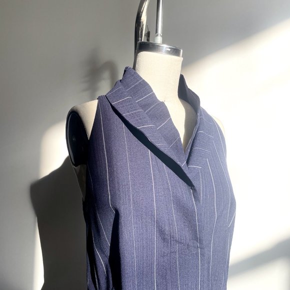 AKRIS Punto S5A Navy Pinstripe Pleat-Collar Sleeveless Midi Tent Dress sz 8 M - Picture 4 of 11
